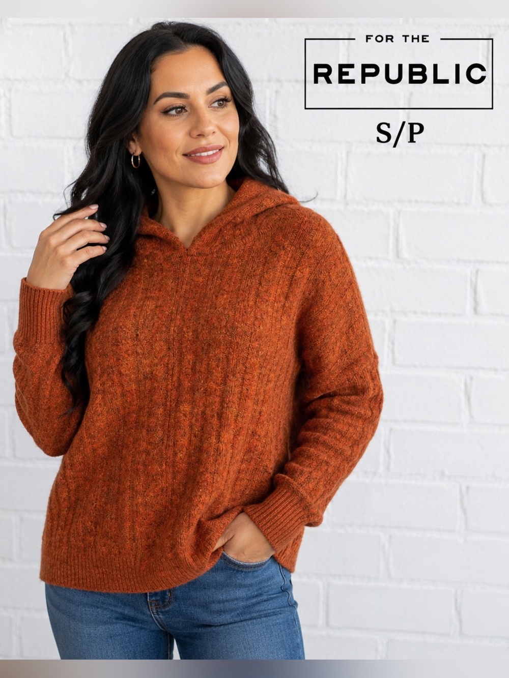 For The Republic Apple Spice Heather Hooded Knit Sweater Size S/P NWT